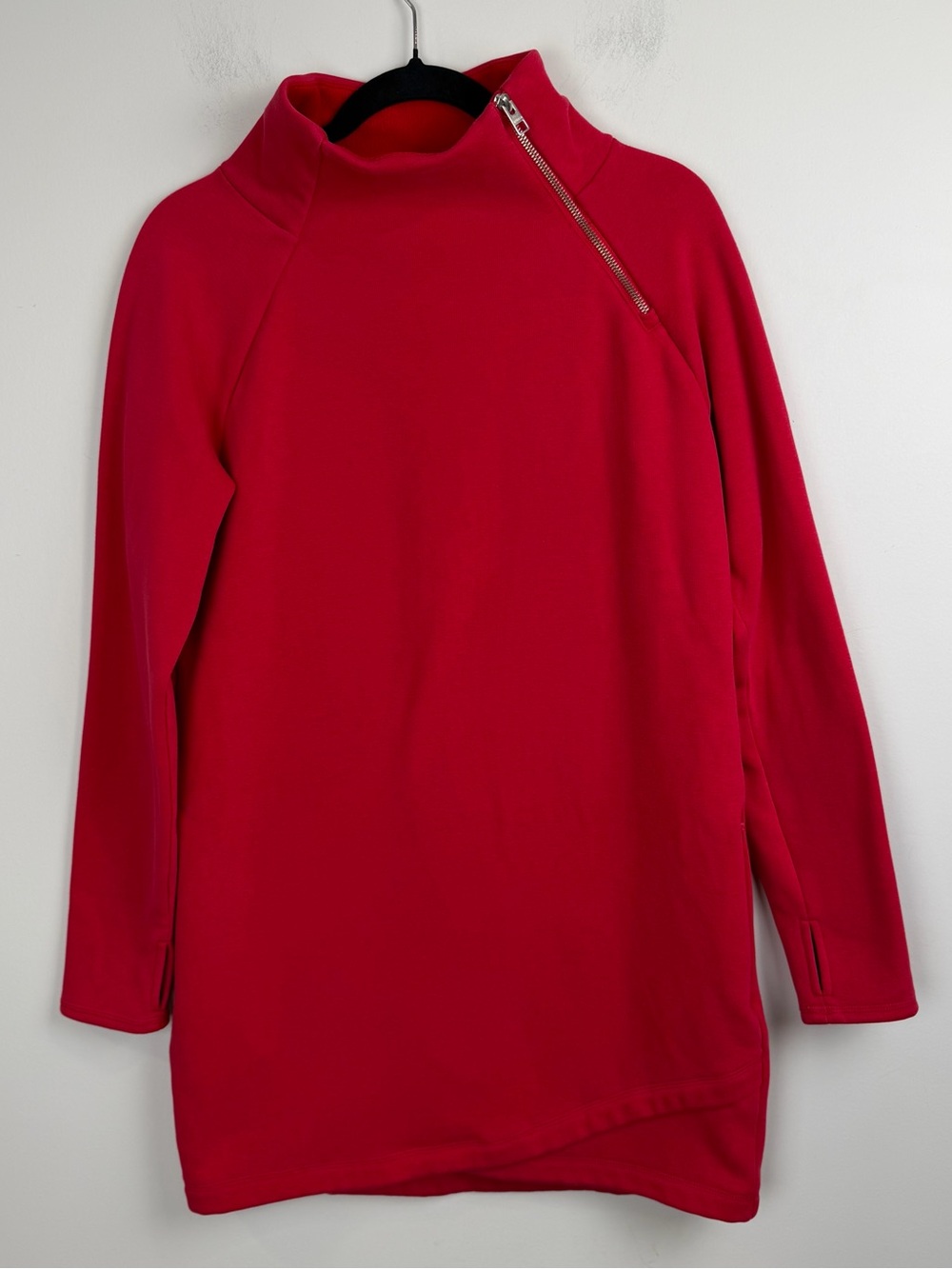 Athleta Women Cozy Karma Asym Pullover Red Fleece Tunic 1/4 Zip Thumbholes Sz S